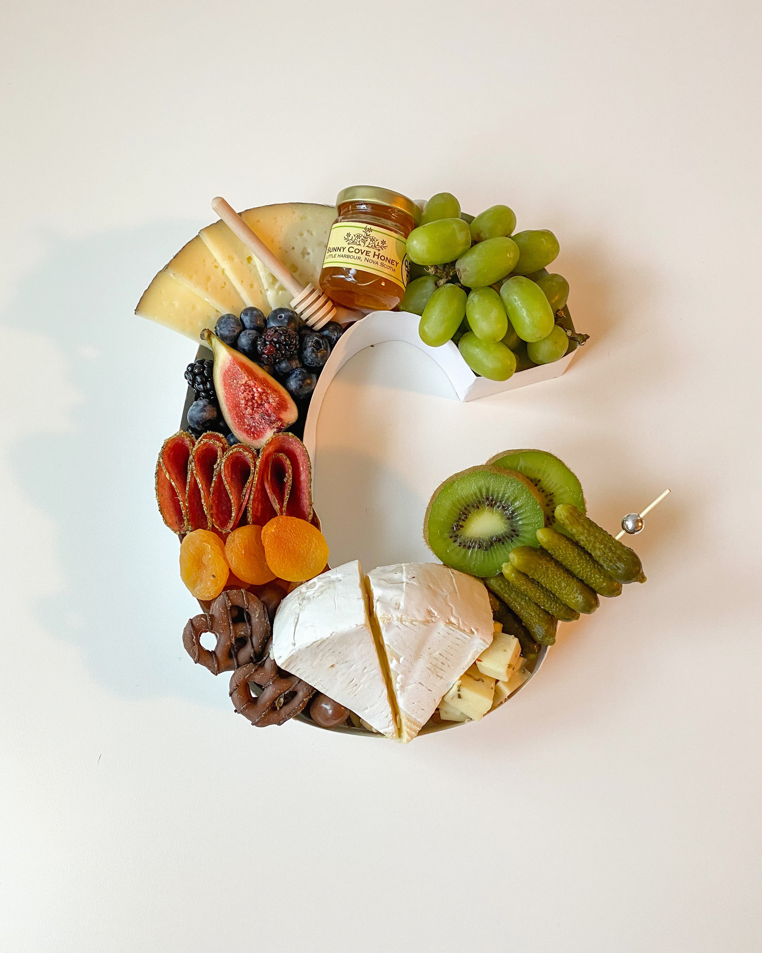 Close-up of an artfully arranged charcuterie box